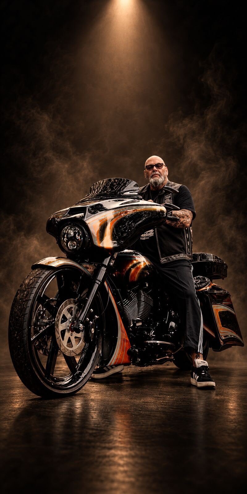 Henk Kuipers op zijn Harley-Davidson in een rokerige studio